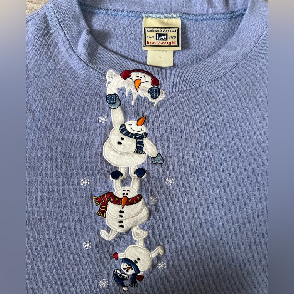 Vintage Lee Heavyweight Light Blue Snowman Embroidered Crewneck